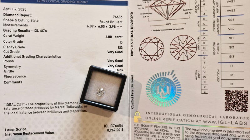 $1 RES * Valuation $13,813.00 * 1.00ct Round Large White Diamond Loose IGL CERT62998344659971114
