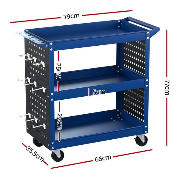 Giantz 3-Tier Tool Cart Storage Trolley Workshop Garage Pegboard Hooks Blue Carousel 2
