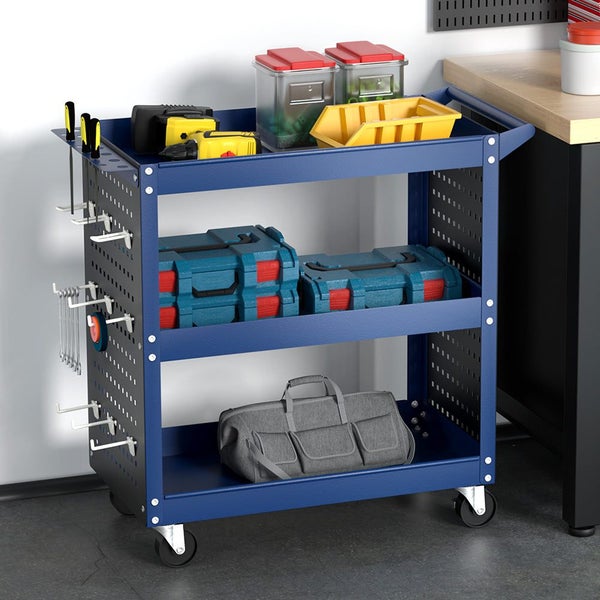 Giantz 3-Tier Tool Cart Storage Trolley Workshop Garage Pegboard Hooks Blue Carousel 7