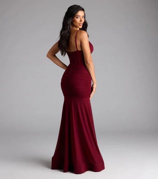 Samantha burgundy ball dress with split s6 Express NZ wide63623663729665113