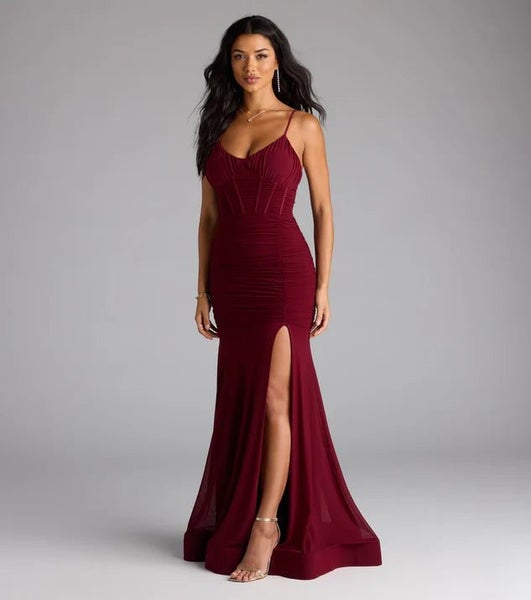 Samantha burgundy ball dress with split s6 Express NZ wide63623663729665114