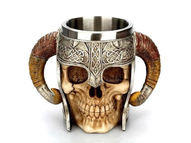 Ram Horned Pit Lord Warrior Stainless Steel Skull Mug Goat Horn Resin Viking Carousel 1