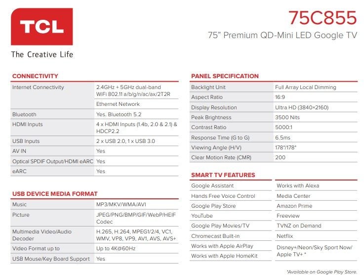75" TCL C855 QD-Mini LED 4K Google TV63001414225154113