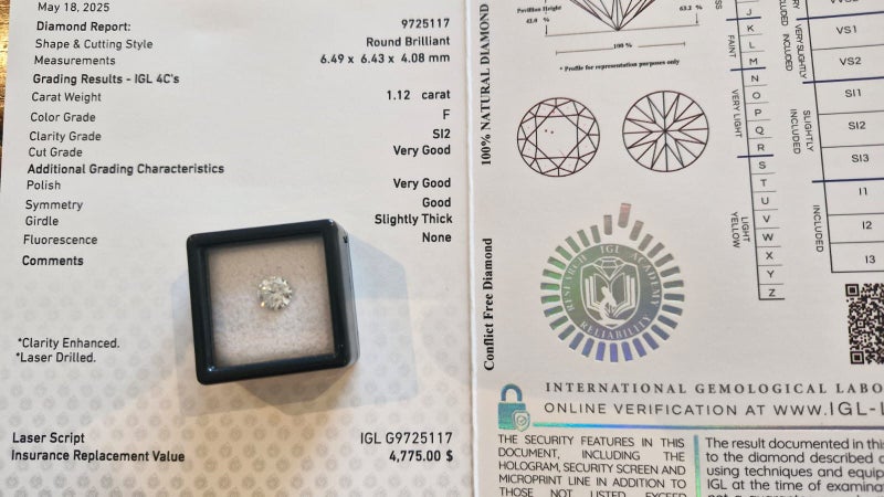 $1 RES * Valuation $7,947.00 * 1.12ct Round Large White Diamond Loose IGL CERT63003374119170111