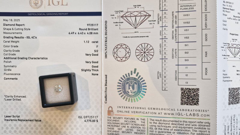 $1 RES * Valuation $7,947.00 * 1.12ct Round Large White Diamond Loose IGL CERT63003374119170114