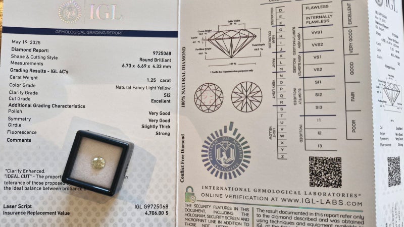 $1 RES * Valuation $7,830.00 * 1.25ct Round Large Yellow Diamond Loose IGL CERT Carousel 2