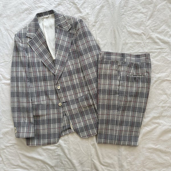Vintage 1970s Rhodes Men’s Store Plaid Seersucker USA Made Suit Carousel 1