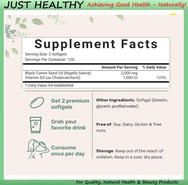 COLD PRESSED BLACK SEED MIRACLE OIL - HI STRENGTH & D3 - 240 GELS Carousel 3