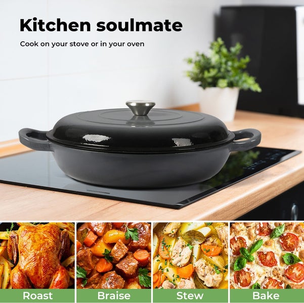 Toque 3.5L Cast Iron Pan Dutch Oven Enamel Casserole Pot Slow Cook Cooker Black Carousel 2