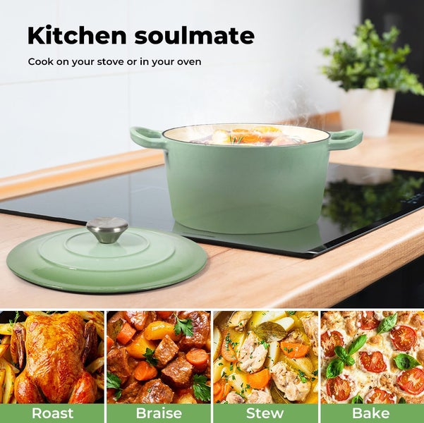 Toque Cast Iron Dutch Oven Frying Pan Enamel Casserole Pot with Lid 4L Green Carousel 2