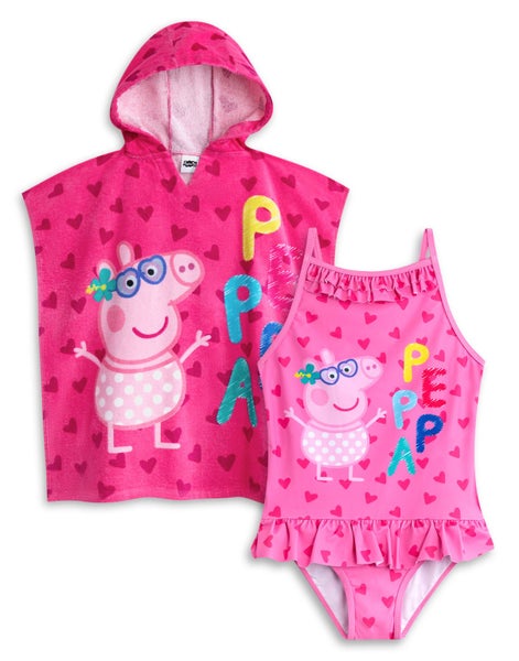 Peppa Pig Pink Poncho Towel and 1 Piece Swimming Costume Set (Girls) Carousel 1