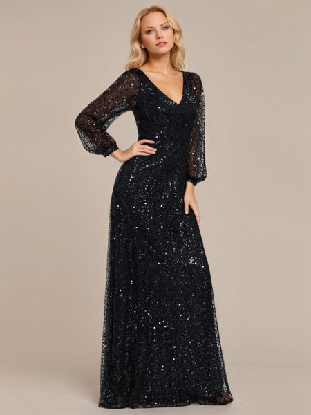 Kerrianna black long lantern sleeve sequin A-Line dress s26-28 Express NZ Wide63622488778497111