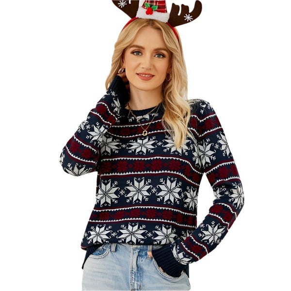 Women Round Neck Christmas Knitwear Long Sleeve Snowflake Sweater Dark Blue Jump Carousel 1
