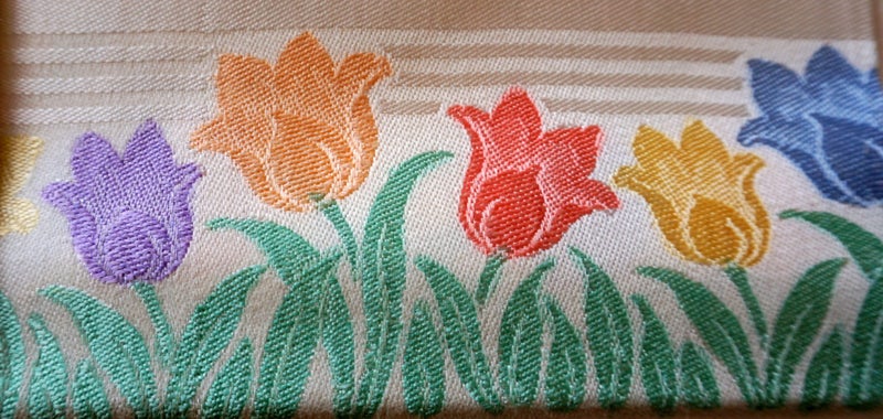 1930's Irish Linen Tablecloth - Never Used - Damask Hand Painted Rayon - Tulips Carousel 2