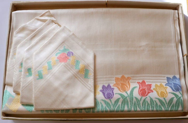 1930's Irish Linen Tablecloth - Never Used - Damask Hand Painted Rayon - Tulips Carousel 1