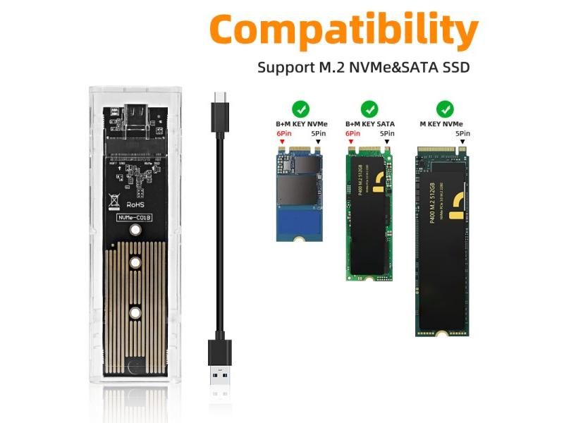 M.2 NVME PCIe NGFF SATA Dual Protocol SSD Case Clear USB Type C 10Gbps PCI-E M2 Carousel 1