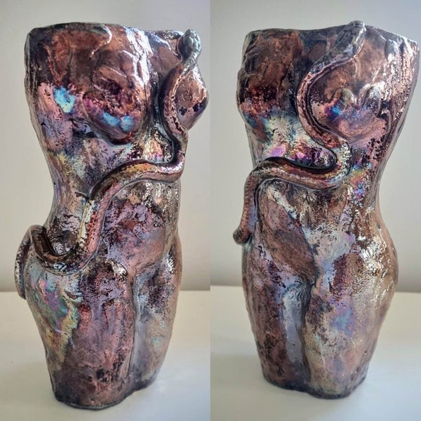 Eve with Snake in Raku Copper Penny ceramic vessel NZ Art Carousel 1