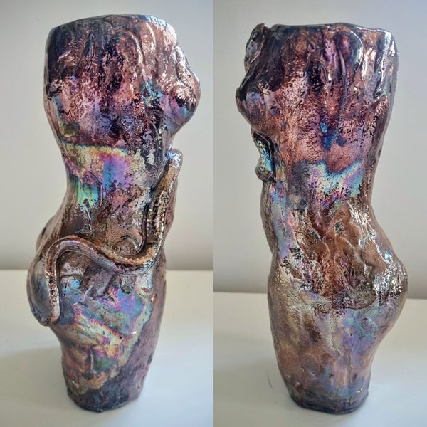 Eve with Snake in Raku Copper Penny ceramic vessel NZ Art Carousel 2