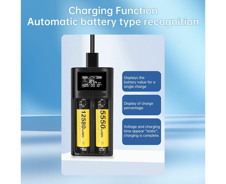 LCD Smart Digital Display Battery Charger 2 Slots for 18650 21700 Li-ion Batt Carousel 8