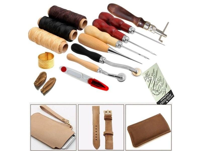14Pcs Leather Craft Set Hand Stitching Sewing Tools DIY Rope Needle Thimble Carousel 1