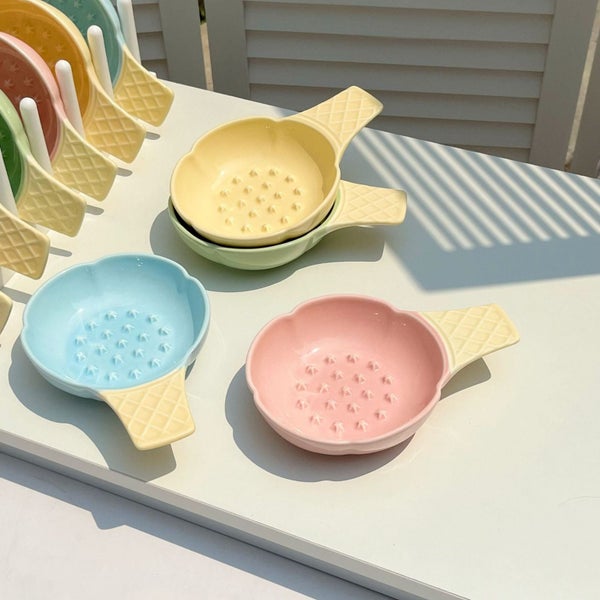 Elosung Blue And Yellow Adorable Ice Cream Cone Ceramic Slow Feeder Pet Bowl Fun Carousel 2