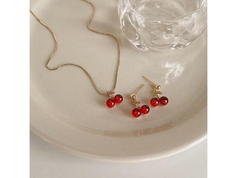 Red Cherry Pendant Necklace Stud Earrings Set Women's Fashion Fruit Necklace Carousel 1