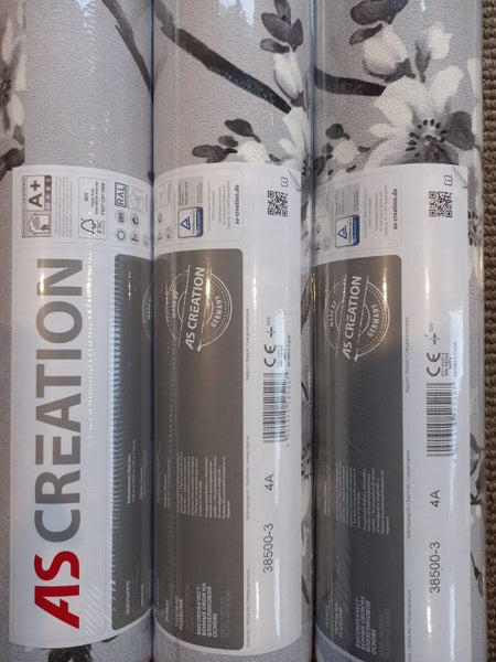 Wallpaper. Blossom - Charcoal & White on Grey. 1.06m Wide Roll. 2 roll bundle Carousel 2