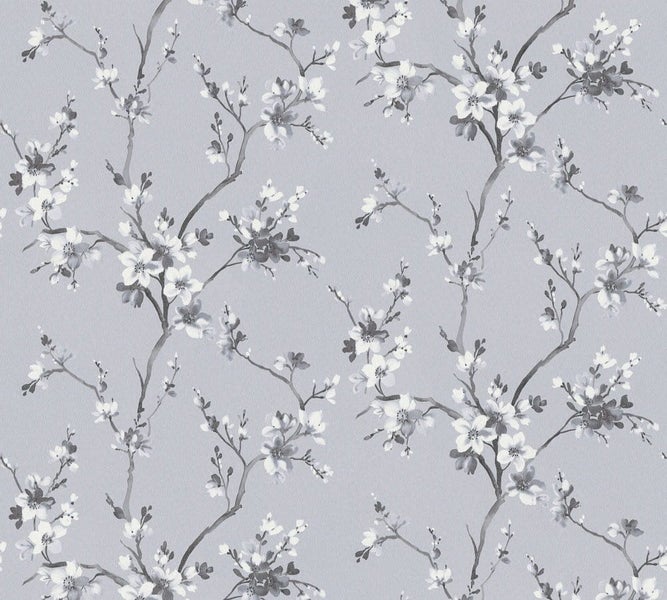 Wallpaper. Blossom - Charcoal & White on Grey. 1.06m Wide Roll. 2 roll bundle Carousel 1