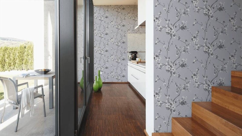 Wallpaper. Blossom - Charcoal & White on Grey. 1.06m Wide Roll. 2 roll bundle Carousel 10