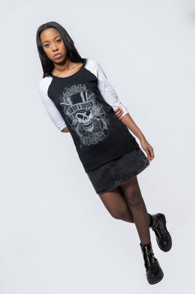 Guns N Roses T Shirt Faded Skull Band Logo Official Raglan 3/4 Sleeve Womens Carousel 5