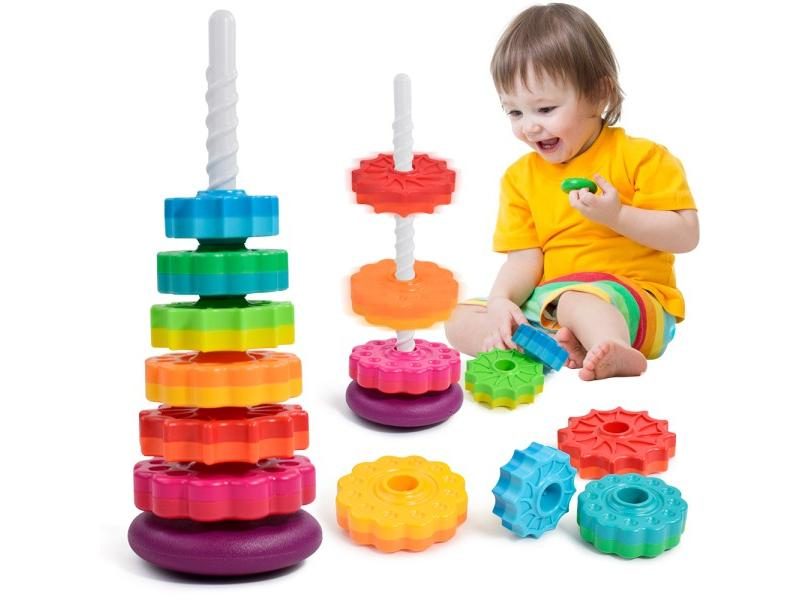 Baby Rotating Rainbow Tower Montessori Baby Stacking Puzzle Toys Safety Early Carousel 1