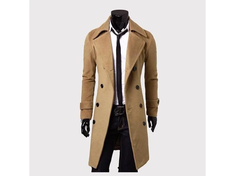 Men's Slim Fit Casual Woolen Jacket Double Breasted Extended Length Coat For Carousel 1