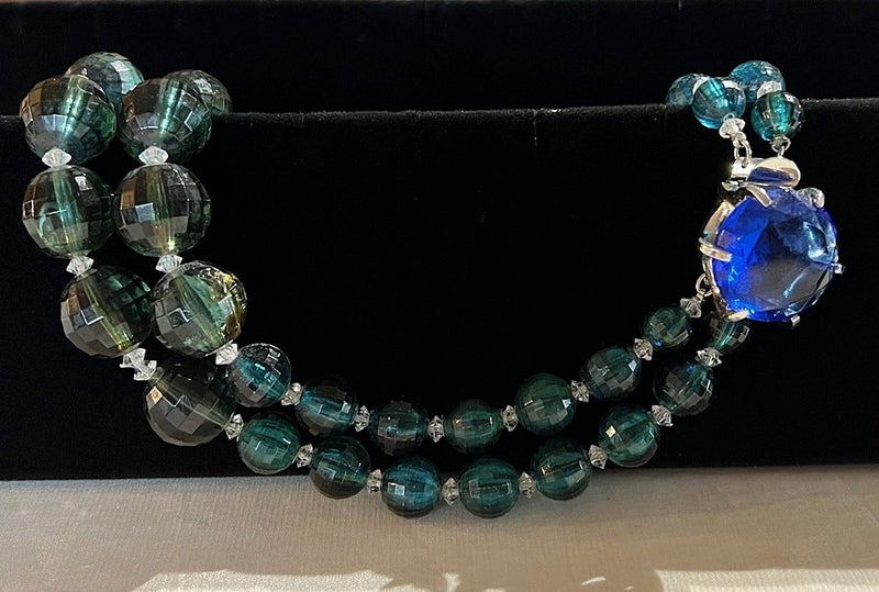 1960s Vintage 2-String Chunky Faceted Blue Green Beads & Big Rhinestone Necklace Carousel 1