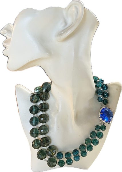 1960s Vintage 2-String Chunky Faceted Blue Green Beads & Big Rhinestone Necklace Carousel 2