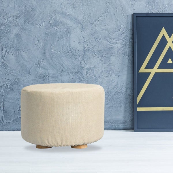 Fabric Ottoman Round Foot Stool With Wooden Legs Beige Furniture Home Ottomans Carousel 8