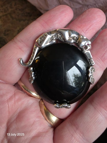 $1 Art Deco Sterling Silver Marasite Jaguar & Onyx Pendant/ Brooch 25.29gm Carousel 15