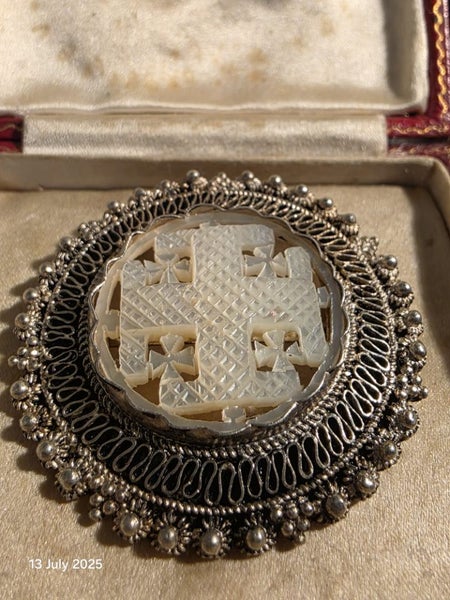 $1 Antique Jerusalem Mother of Pearl & Sterling Silver Brooch 13.70gm Carousel 2