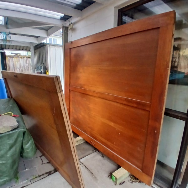 TWO LARGE OLD SCHOOL HALL TIMBER SLIDING DOORS, MID CENTURY - VINTAGE STYLE Carousel 1