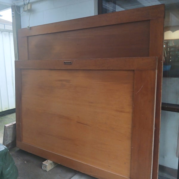 TWO LARGE OLD SCHOOL HALL TIMBER SLIDING DOORS, MID CENTURY - VINTAGE STYLE Carousel 2