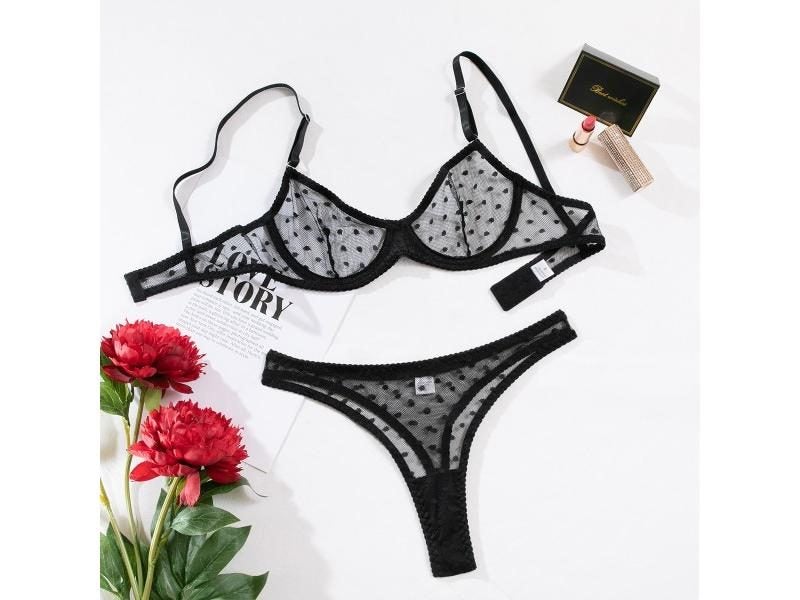 Sexy Polka Dot Lingerie Two Piece Sets Mesh See Though Solid Color Bras And Carousel 1