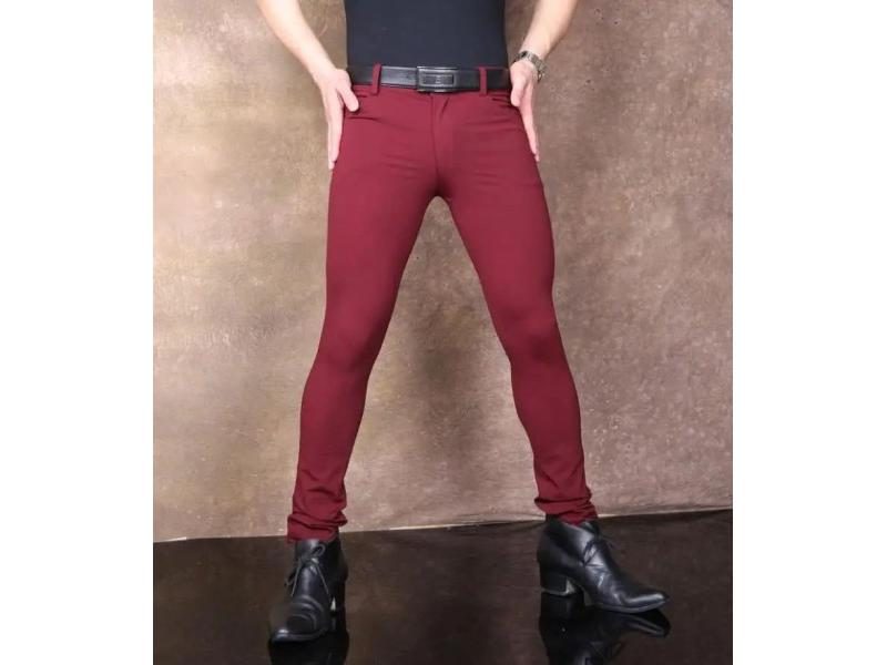 Men Sexy Slim Pants High Elastic Low Waist Trousers Tight Warm Black Burgundy Carousel 1