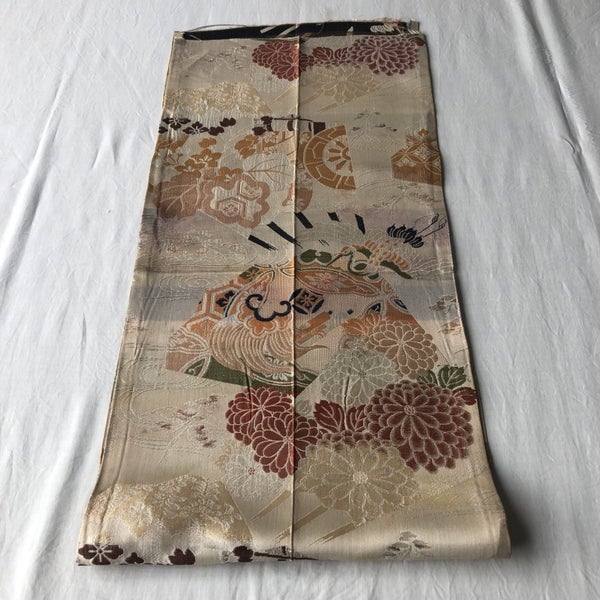 Vintage Woven Silk Japanse Obi Fabric Woven Crane Floral Design Carousel 1
