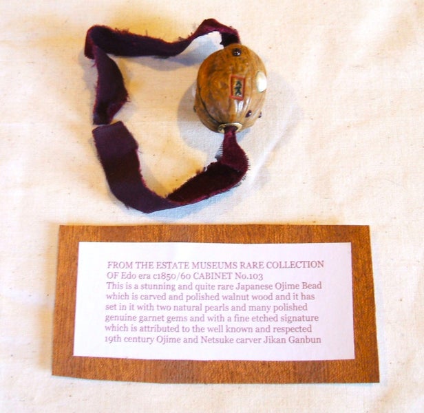 JEWELLERS MUSEUM CARVED WALNUT WOOD OJIME BEAD SIGNED & SET WITH PEARLS & GARNET Carousel 1