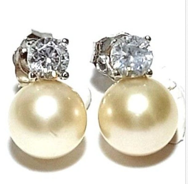 SALE! Premier Pale GOLDEN Round AKOYA PEARL &amp; Crystal Earrings Carousel 1