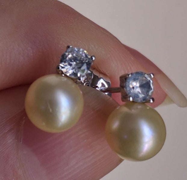 SALE! Premier Pale GOLDEN Round AKOYA PEARL &amp; Crystal Earrings Carousel 5