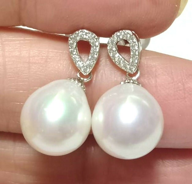 White Teardrop 9.5 x 10.5mm Cultured Pearl Dangle Earrings Carousel 1