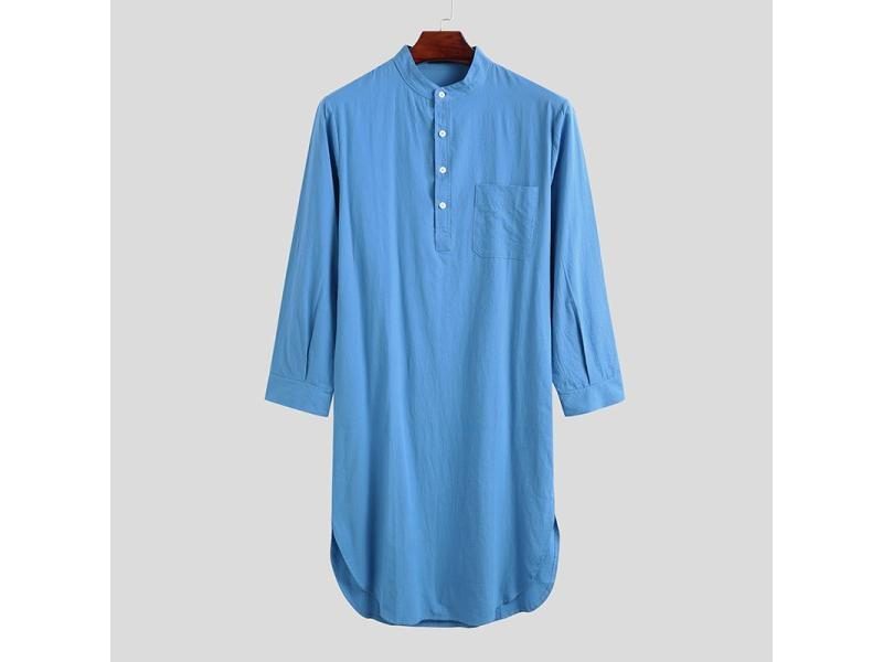 Fashion Solid All-match Men's Long Sleeve Round Neck Sleep Shirts Nightgown Carousel 1