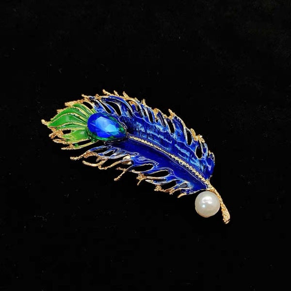 Elegant Peacock Feather Brooch with Pearl Accent Carousel 2