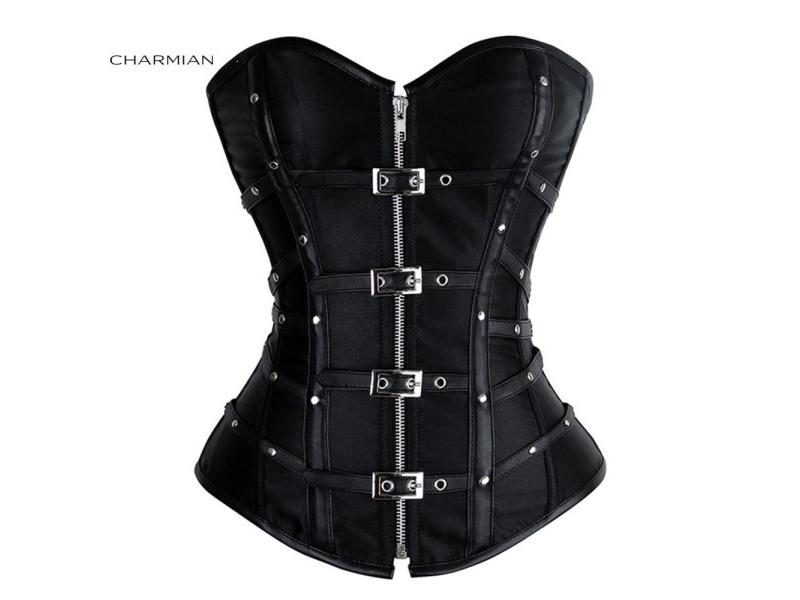 Women's Steampunk Leather Corset Top With Satin Boning And Rivet Buckle Carousel 1
