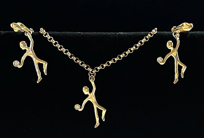 Vintage Gold Tone Belcher Chain Rhinestones DANCER Necklace & Long Clip Earrings Carousel 1